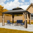 thumbnail image 1 of COOS BAY 12x14 Hardtop Gazebo with Aluminum Frame, Galvanized Steel Double Roof Outdoor Pavilion with Netting and Curtains, Dark Brown/Tan, 1 of 9