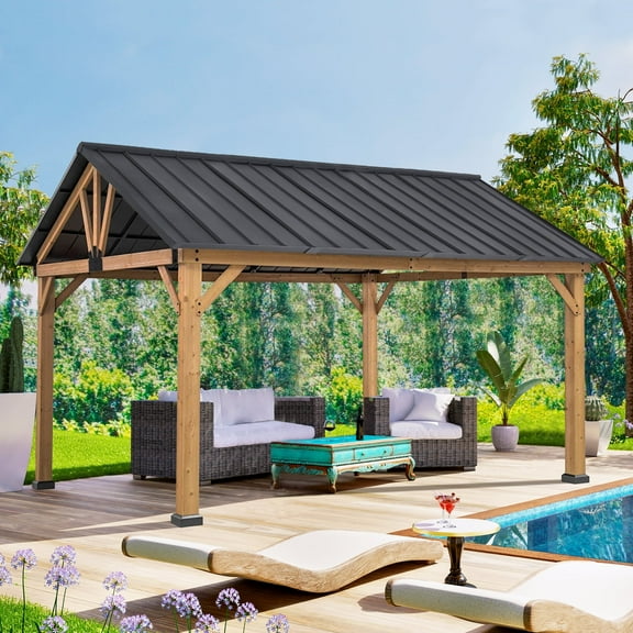 COOS BAY 13 Ft. W x 11 Ft. D Outdoor Patio Wooden Gazebo, Cedar Wood Frame Steel Hardtop Gazebo Canopy for Garden, Deck, Backyard and Party