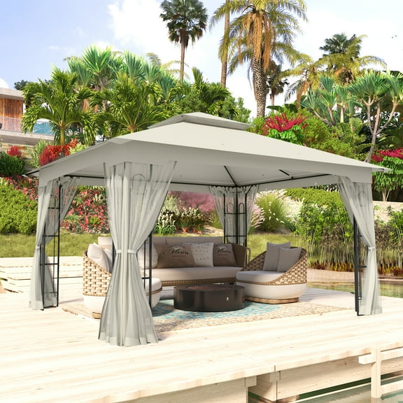 COOS BAY 13x11 Patio Outdoor Gazebo with Mosquito Netting, Two-Tier Canopy Tent with Screen Wall for Backyard, Lawn and Garden, Beige