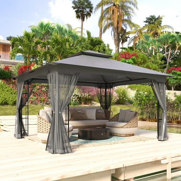 COOS BAY 13x11 Patio Outdoor Gazebo with Mosquito Netting, Two-Tier Canopy Tent with Screen Wall for Backyard, Lawn and Garden, Gray