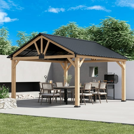 COOS BAY 13x15 Hardtop Gazebo Outdoor Patio Wood Gazebo with Galvanized Steel Roof, for Garden Patio,Patio Backyard,Deck and Lawns