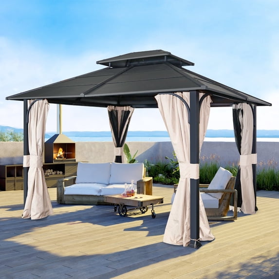 COOS BAY 14 Ft. W x 12 Ft. D Hardtop Gazebo with Curtains and Netting