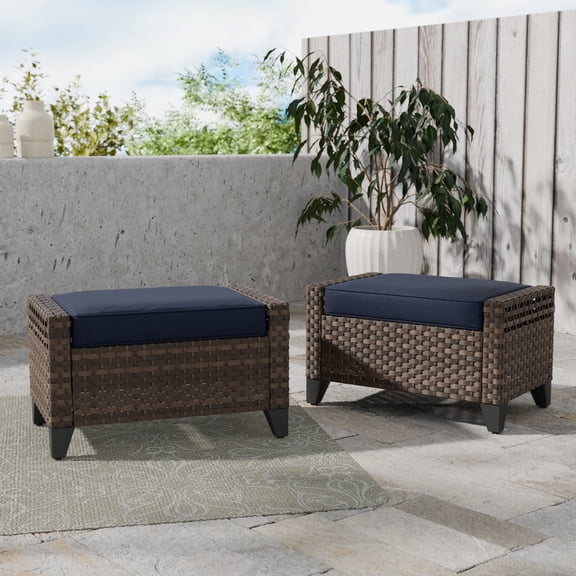 COOS BAY 2 PCS Brown Wicker Ottoman Outdoor PE Rattan Footrest with Removable Blue Cushions