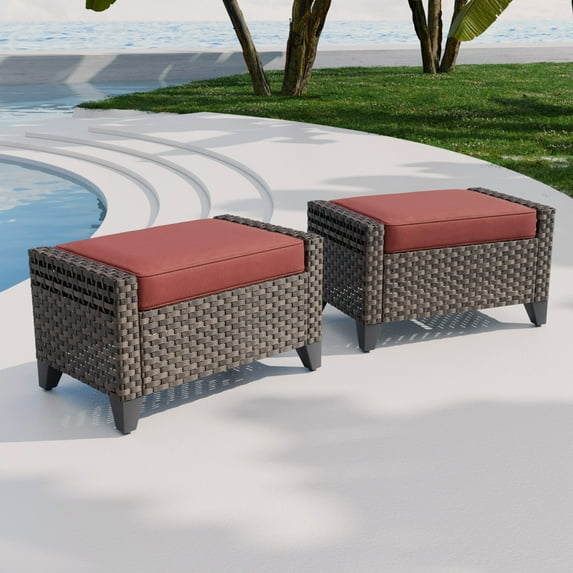 COOS BAY 2 PCS Brown Wicker Ottoman Outdoor PE Rattan Footrest with Removable Red Cushions