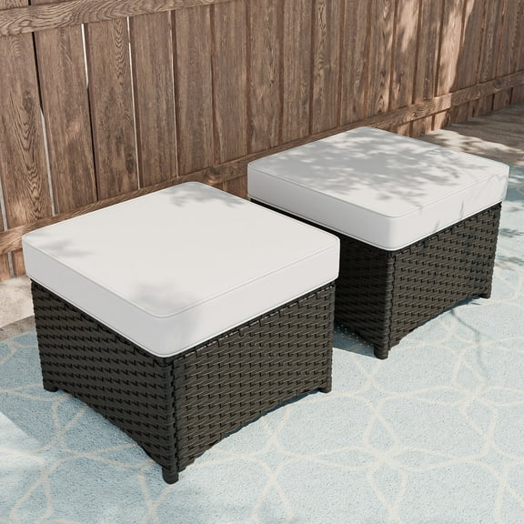 COOS BAY Stone Harbor 2 PCS Multipurpose Brown Wicker Outdoor Ottomans Patio Footstools w/ Removable Beige Cushions