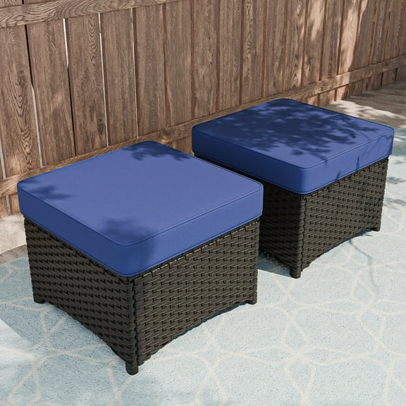 COOS BAY Stone Harbor 2 PCS Multipurpose Brown Wicker Outdoor Ottomans Patio Footstools w/ Removable Blue Cushions