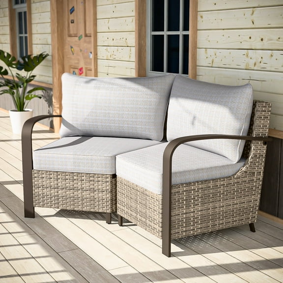 COOS BAY Aurora Terrace 2-Piece Brown Wicker Rattan Patio Sectional Seating Group Sofa, Metal Curved Armrest, Beige Cushion