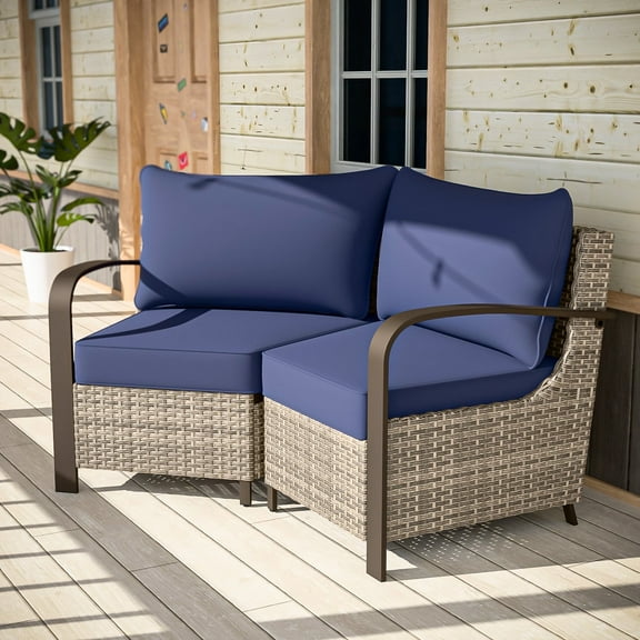 COOS BAY Aurora Terrace 2-Piece Brown Wicker Rattan Patio Sectional Seating Group Sofa, Metal Curved Armrest, Blue Cushion