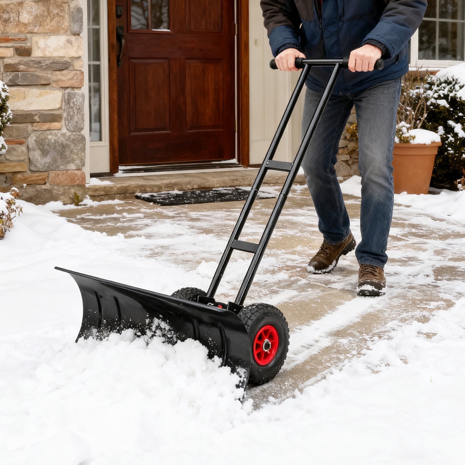 COOS BAY 29” Wheeled Snow Shovel, Heavy Duty Dual Rod Snow Pusher with ...
