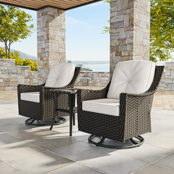 COOS BAY Stone Harbor 3-Piece Brown Wicker Patio Furniture Set Outdoor Conversation Set with Beige Olefin Cushions, 360 Degree Swivel Rocking Chairs, Side Table