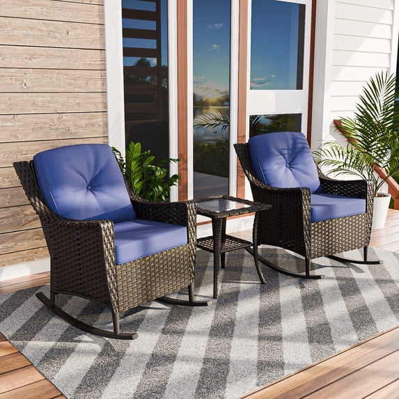 COOS BAY Stone Harbor 3-Piece Brown Wicker Patio Furniture Set Outdoor Conversation Set with Blue Olefin Cushions, Rocking Chairs, Side Table