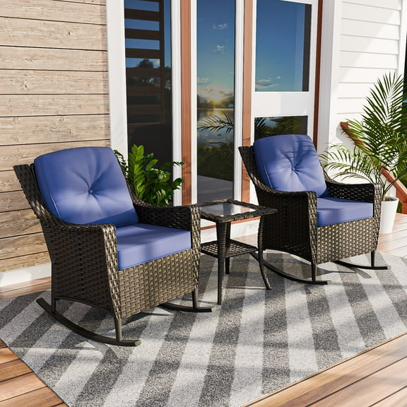 COOS BAY Stone Harbor 3-Piece Brown Wicker Patio Furniture Set Outdoor Conversation Set with Blue Olefin Cushions, Rocking Chairs, Side Table