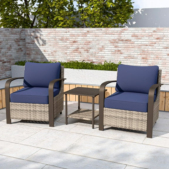 COOS BAY Aurora Terrace 3-Piece Brown Wicker Rattan Patio Conversation Set Metal Curved Armrest Lounge Chairs, Side Table, Blue Cushion