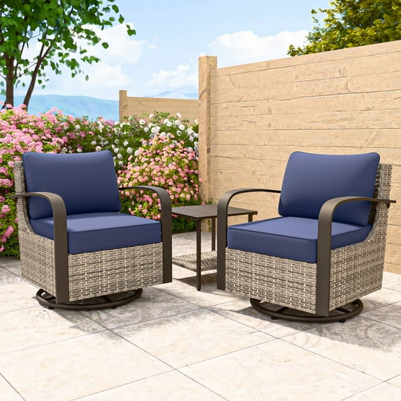 COOS BAY Aurora Terrace 3-Piece Brown Wicker Rattan Patio Conversation Set Metal Curved Armrest Swivel Rocking Chairs, Side Table, Blue Cushion