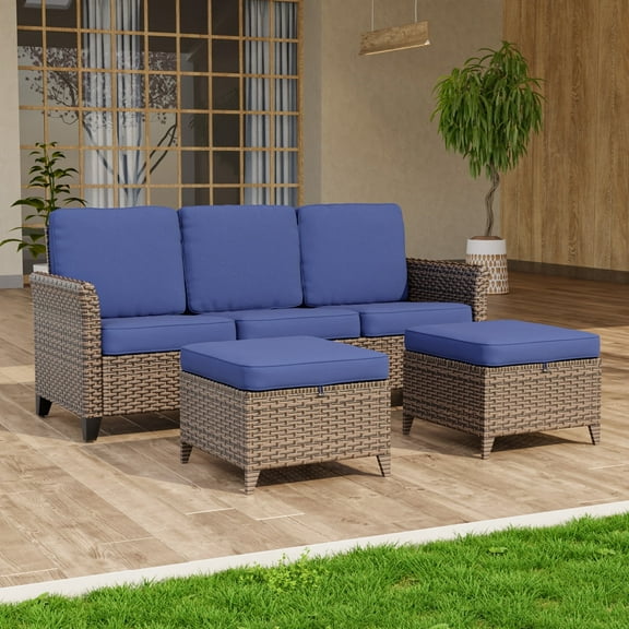 COOS BAY Harbor Retreat 3-Piece Mix Brown Rattan Wicker Outdoor Patio Conversation Set 3-Seat Sofa Set with Curved Armrest, Ottomans, Blue Cushions