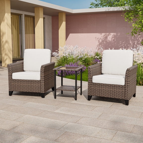 COOS BAY Harbor Retreat 3-Piece Mix Brown Rattan Wicker Outdoor Patio Conversation Set Dining Chairs with Curved Armrest, Coffee Table, Beige Cushions