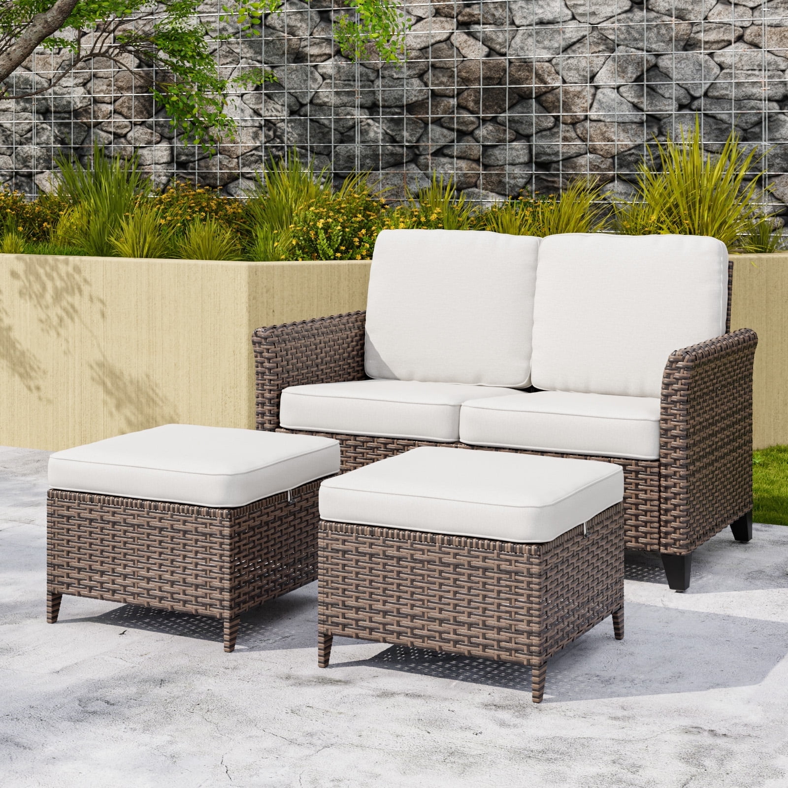Outdoor Brown Wicker Loveseat Set with Beige Cushions