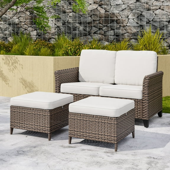 COOS BAY Harbor Retreat 3-Piece Mix Brown Rattan Wicker Outdoor Patio Conversation Set Loveseat Set with Curved Armrest, Ottomans, Beige Cushions
