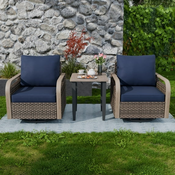 COOS BAY 3 Pieces Brown Wicker Outdoor Patio Bistro Furniture Set 360° Swivel Rocking Chairs with Blue Cushions and Wood Grain Top Side Table