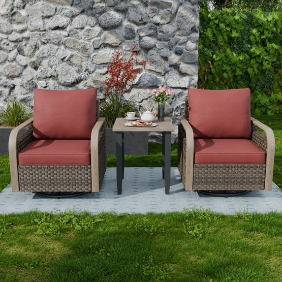 COOS BAY 3 Pieces Brown Wicker Outdoor Patio Bistro Furniture Set 360° Swivel Rocking Chairs with Red Cushions and Wood Grain Top Side Table