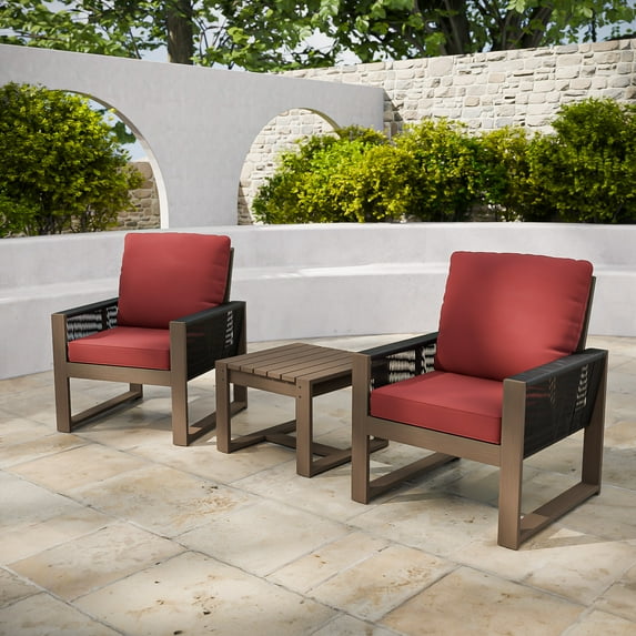 COOS BAY 3PCS Patio Bistro Set, Natural Real Wood Cedar Chair with Cushion and Side Table, Outdoor Sofa Set for Garden, Backyard, Red