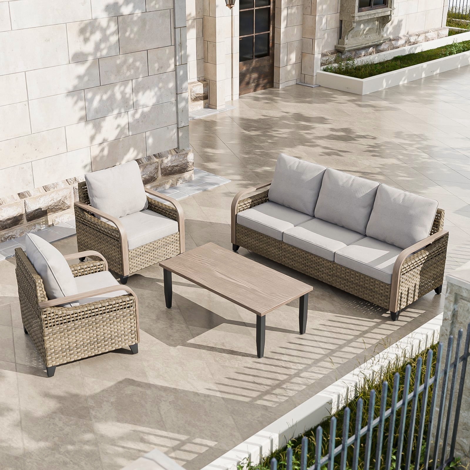 COOS BAY 4 Piece Brown Wicker Patio Sofa Set Outdoor Rattan Furniture Conversation Set 3-Seat Sofa, Dinning Chairs with Gray Cushions and Wood Grain Top Coffee Table