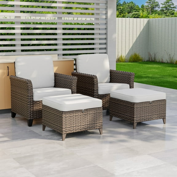 COOS BAY Harbor Retreat 4-Piece Mix Brown Rattan Wicker Outdoor Patio Conversation Set Dining Chairs with Curved Armrest, Ottomans, Beige Cushions