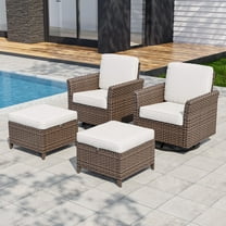 COOS BAY Harbor Retreat 4-Piece Mix Brown Rattan Wicker Outdoor Patio Conversation Set Swivel Rocking Chairs with Curved Armrest, Ottomans, Beige Cushions