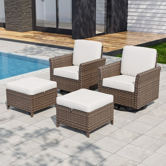 COOS BAY Harbor Retreat 4-Piece Mix Brown Rattan Wicker Outdoor Patio Conversation Set Swivel Rocking Chairs with Curved Armrest, Ottomans, Beige Cushions