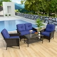 thumbnail image 1 of COOS BAY 4-Piece Outdoor Patio Dark Brown Wicker Rattan Deep Seating Conversation Set with Coffee Table and Blue Cushions, 1 of 9