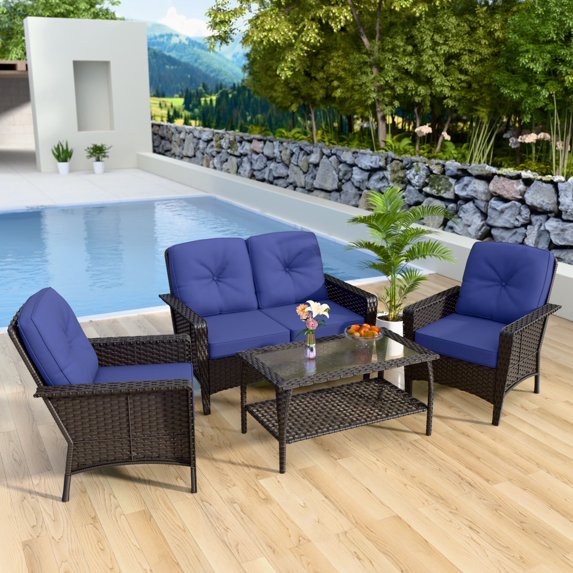 COOS BAY 4-Piece Outdoor Patio Dark Brown Wicker Rattan Deep Seating Conversation Set with Coffee Table and Blue Cushions
