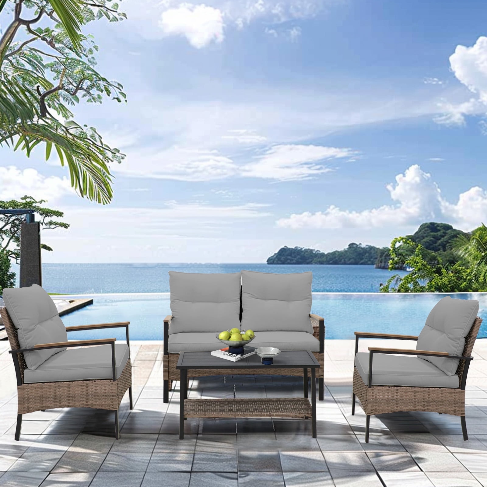 COOS BAY 4-Piece Patio Furniture Set Outdoor Rattan Conversation Sets - Loveseat and Chairs with Tables for Garden, Lawn, Deck, Backyard