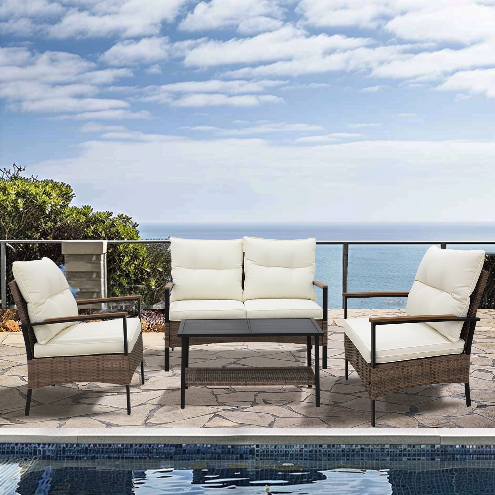 COOS BAY 4-Piece Patio Furniture Set Outdoor Rattan Conversation Sets - Loveseat and Chairs with Tables for Garden, Lawn, Deck, Backyard