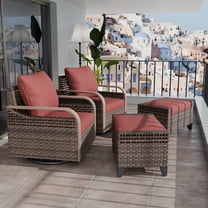 COOS BAY 4 Pieces Brown Wicker Outdoor Rattan Patio Bistro Furniture Set 360° Swivel Rocking Chairs and Ottomans with Red Cushions