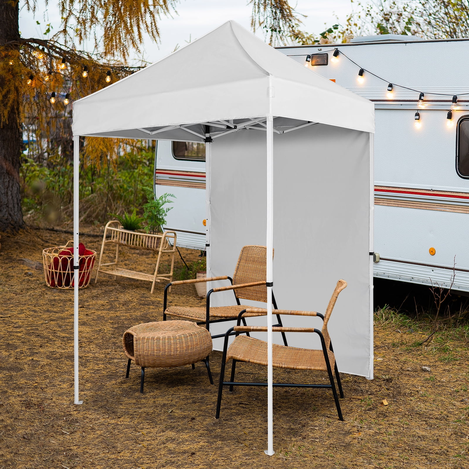 White 5 Ft. Adjustable Steel Pop-Up Canopy Tent with Sunwall