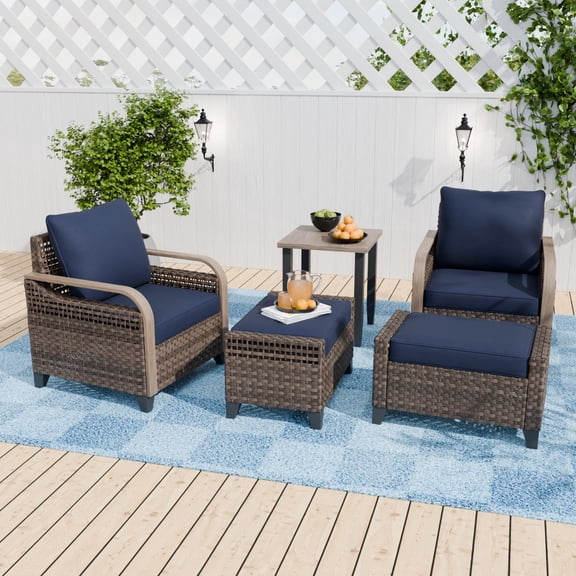 COOS BAY 5-Piece Brown Wicker Bistro Patio Set Rattan Chair Conversation Sets Dining Chairs and Ottomans with Blue Cushions, with Side Table