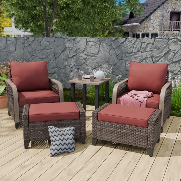 COOS BAY 5-Piece Brown Wicker Bistro Patio Set Rattan Chair Conversation Sets Dining Chairs and Ottomans with Red Cushions, with Side Table