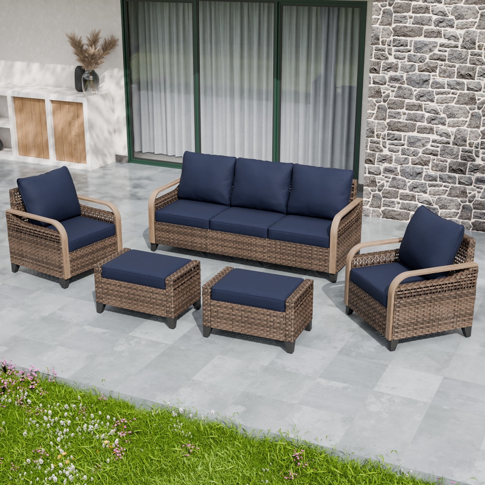 COOS BAY 5 Piece Brown Wicker Patio Sofa Set Outdoor Rattan Furniture Conversation Set 3-Seat Sofa, Dining Chairs and Ottomans with Blue Cushions