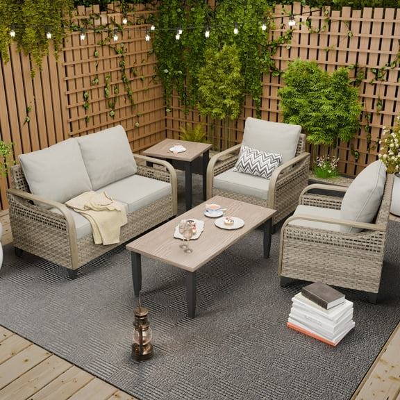 COOS BAY 5 Piece Brown Wicker Patio Sofa Set Outdoor Rattan Furniture Conversation Set Loveseat, Dining Chairs with Gray Cushions, Wood Grain Top Tables