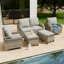 COOS BAY 5 Piece Brown Wicker Patio Sofa Set Outdoor Rattan Furniture Conversation Set Loveseat, Swivel Glider Chairs and Ottomans with Gray Cushions