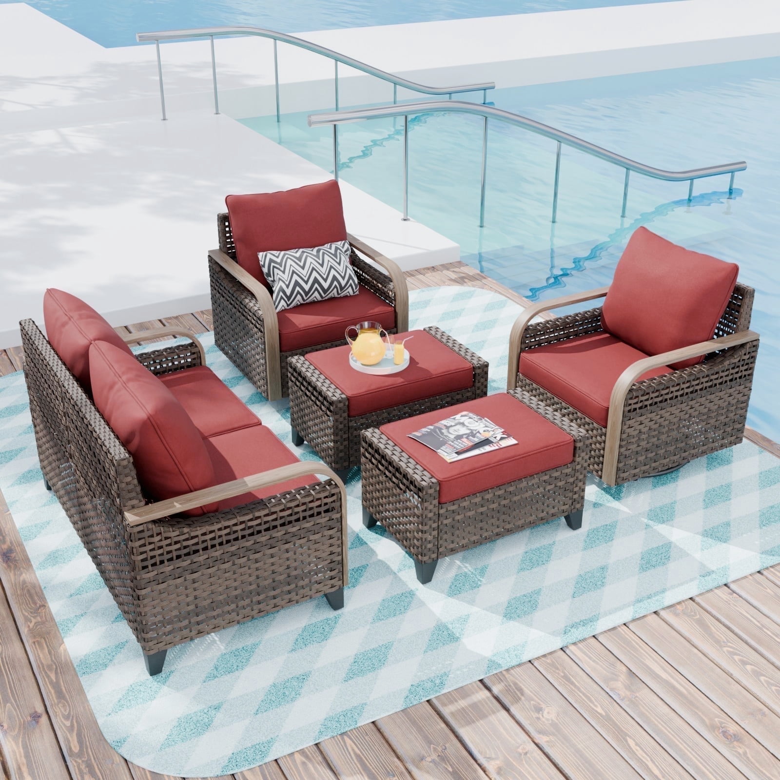 COOS BAY 5 Piece Brown Wicker Patio Sofa Set Outdoor Rattan Furniture Conversation Set Loveseat, Swivel Glider Chairs and Ottomans with Red Cushions