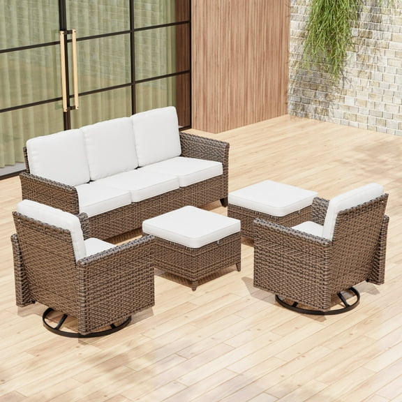 COOS BAY Harbor Retreat 5-Piece Mix Brown Rattan Wicker Outdoor Patio Conversation Set Curved Armrest Swivel Rocking Chairs and 3-Seat Sofa, Ottomans, Beige Cushions