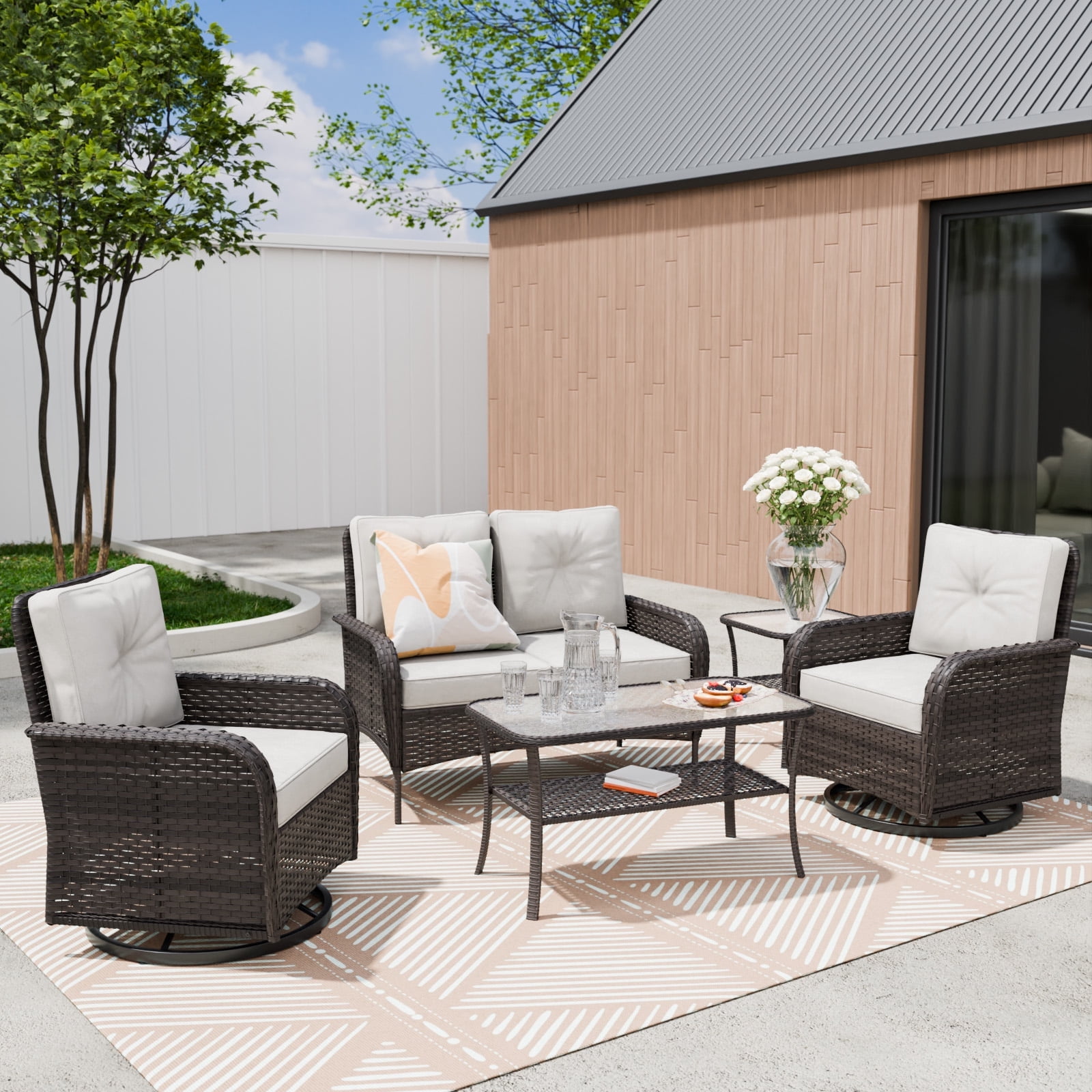 COOS BAY 5 Pieces Outdoor Patio Wicker Patio Conversation Set With Beige Cushions - Loveseat, 2 Swivel Rocking Chairs, Glass-Top Coffee Table and Side Table