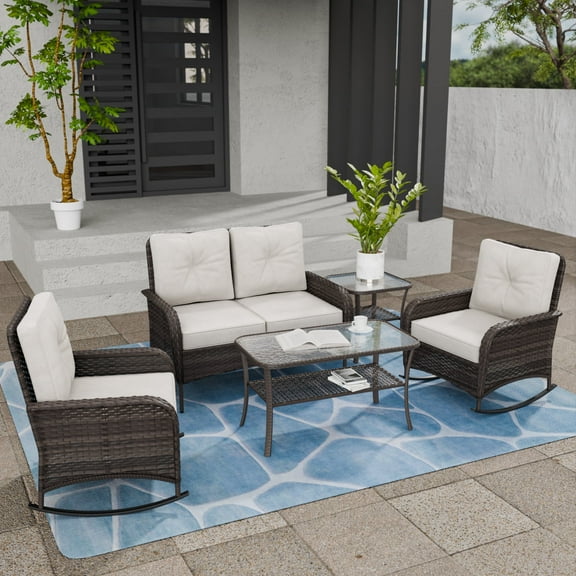 COOS BAY 5 Pieces Outdoor Patio Wicker Patio Conversation Set With Beige Cushions - Loveseat, 2 Rocking Chairs, Glass-Top Coffee Table and Side Table