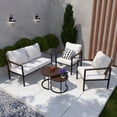 thumbnail image 1 of COOS BAY Sand Dune 5-piece Light Brown Wicker Outdoor Patio Conversation Set with Wood Grain Top Nesting Coffee Tables and Beige Cushions, 1 of 9