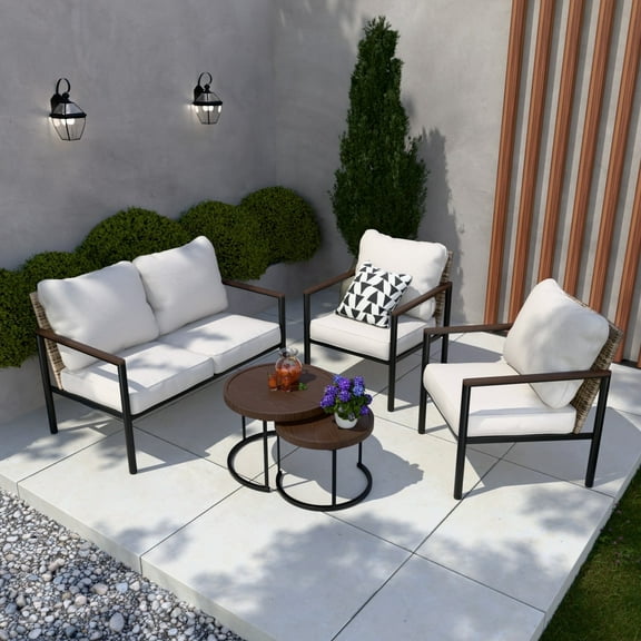 COOS BAY Sand Dune 5-piece Light Brown Wicker Outdoor Patio Conversation Set with Wood Grain Top Nesting Coffee Tables and Beige Cushions