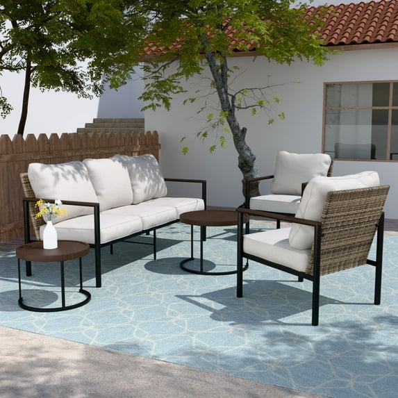 COOS BAY Sand Dune 5-piece Light Brown Wicker Outdoor Patio Conversation Sofa Set with Wood Grain Top Nesting Coffee Tables and Beige Cushions