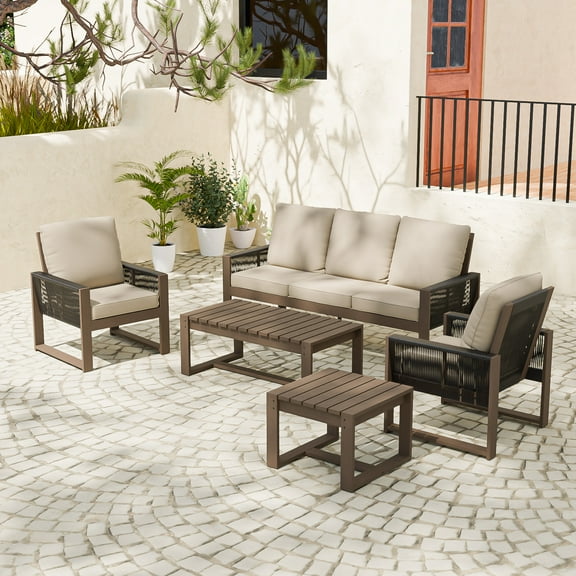 COOS BAY 5PCS Patio Conversation Sets, Natural Real Wood Cedar Spacious Seat, Outdoor Solid Wood Chair with Cushion and Coffee Table, Outdoor Sofa Set for Garden, Backyard,&nbsp;Beige