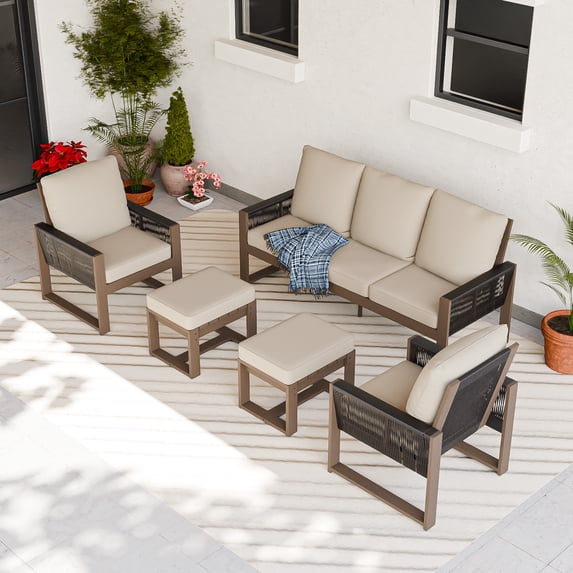 COOS BAY 5PCS Patio Conversation Sets, Natural Real Wood Cedar Spacious Seat, Outdoor Solid Wood Chair with Cushion and Ottoman,Outdoor Sofa Set for Garden, Backyard, Beige