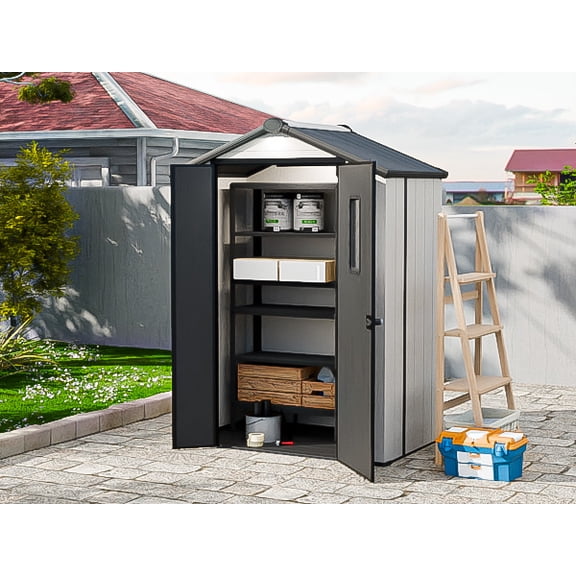 COOS BAY 5x3 FT Plastic Outdoor Storage Shed, Garden Tool Resin Storage Shed with Floor & Window, Lockable Door, White/Gray